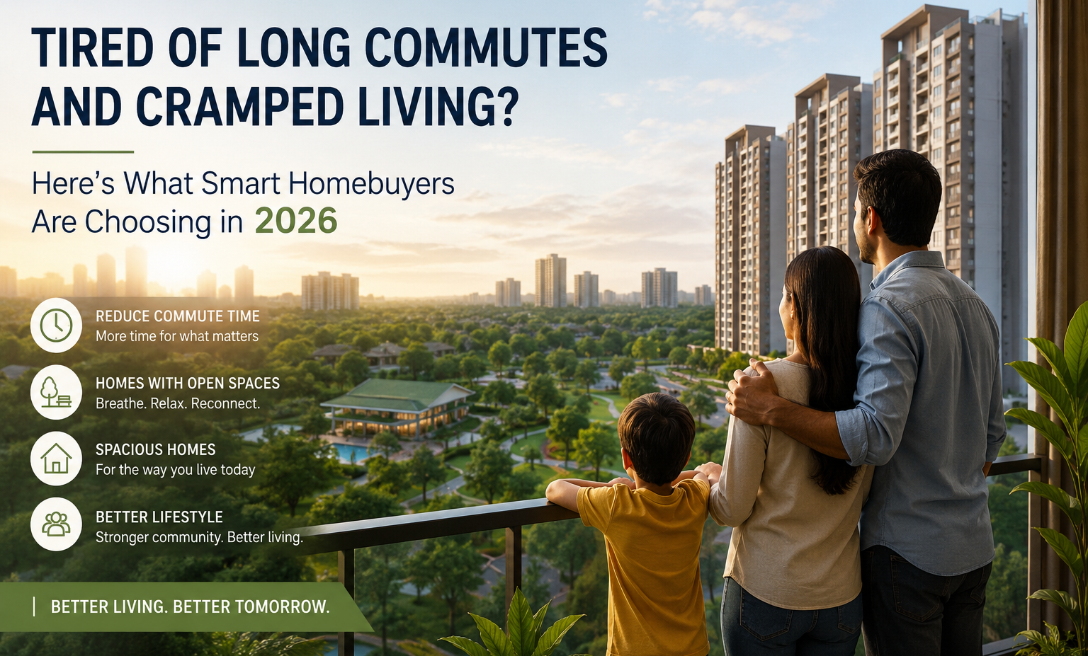 A modern family stands on a balcony overlooking a green township with spacious residential towers, landscaped gardens, and open spaces, representing better lifestyle living and reduced commute stress in 2026.