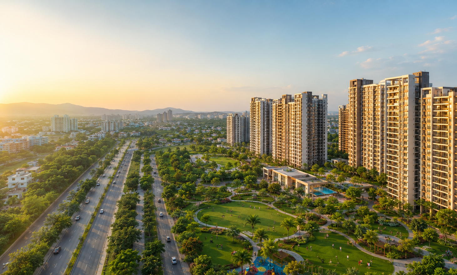 Modern township living at Anantam City Dombivli with spacious landscaped gardens, high-rise residences, and seamless urban connectivity.